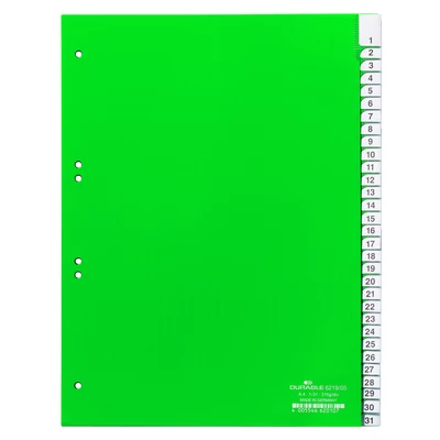 Przekładki A4 zielone, zgrzane wymienne indeksy, 1-31