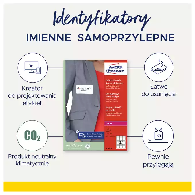 Samoprzylepne identyfikatory imienne 63,5 x 29,6 mm, laserowe, kolorowe laserowe, Sztuczny jedwab