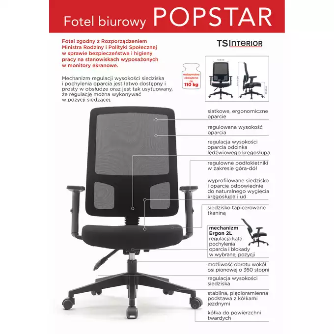 FOTEL ERGONOMICZNY POPSTAR MESH, CZARNY