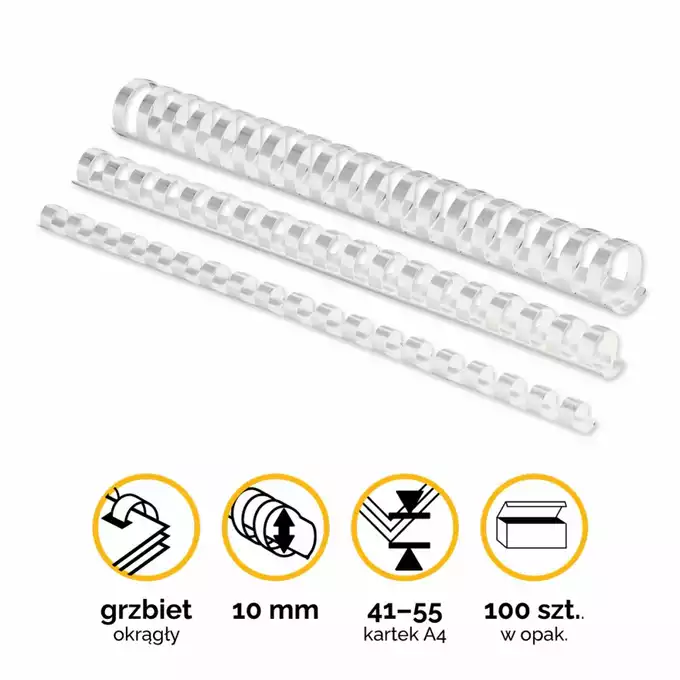 Grzbiety plastikowe okrągłe 10mm (41-55 kartek) białe