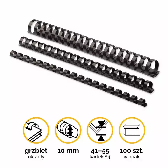 Grzbiety plastikowe okrągłe 10mm (41-55 kartek) czarne