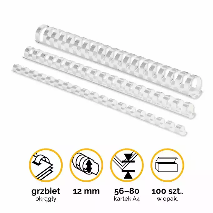 Grzbiety plastikowe okrągłe 12mm (56-80 kartek) białe