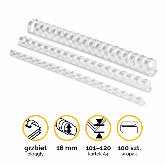 Grzbiety plastikowe okrągłe 16mm (101-120 kartek) białe