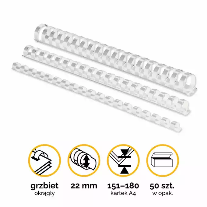 Grzbiety plastikowe okrągłe 22mm (151-180 kartek) białe