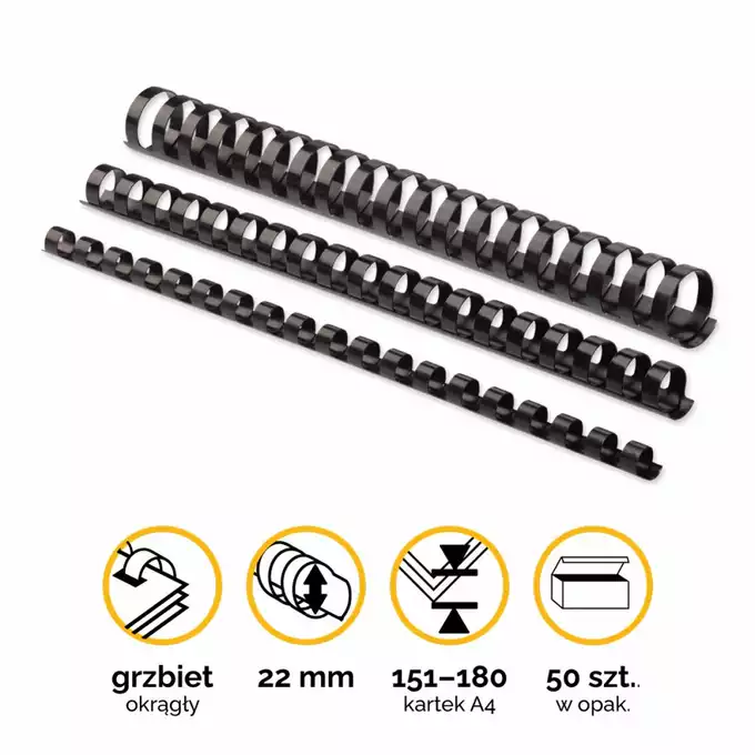 Grzbiety plastikowe okrągłe 22mm (151-180 kartek) czarne