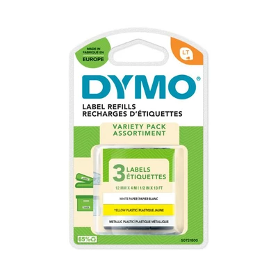 DYMO 3 taśmy 12mm x 4m - papierowa biała, plastikowa żółta, metalowa